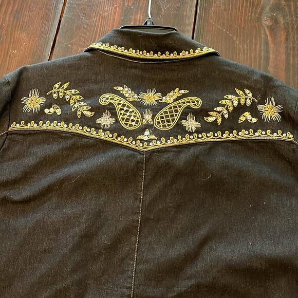 Vintage Victor Costa denim jacket embellished gold thread shiny sequins beads - Picture 4 of 10